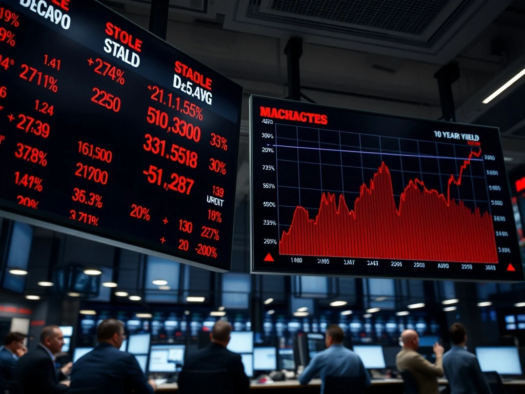 Breaking news analysis of March 2026 stock market decline and Treasury yield surge on trading floor screens.