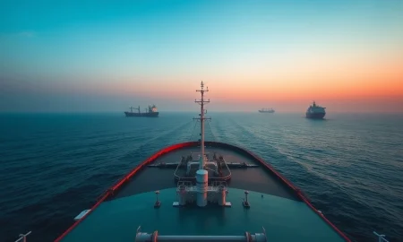 Strait of Hormuz crisis scene showing oil tanker in strategic maritime chokepoint at dawn.