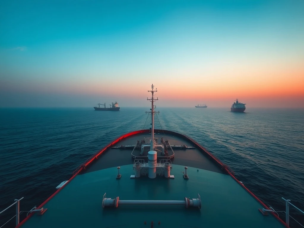 Strait of Hormuz crisis scene showing oil tanker in strategic maritime chokepoint at dawn.