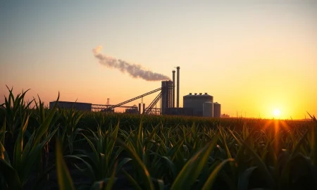 Sugar cane field and processing mill at dusk as sugar prices surge.