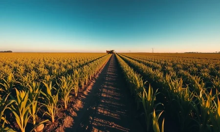 Sugarcane field harvest with machinery under clear sky, representing increased global sugar production.