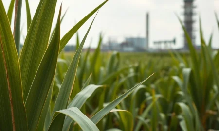 Sugar cane field and refinery illustrating the global sugar market impacted by crude oil prices in March 2026.
