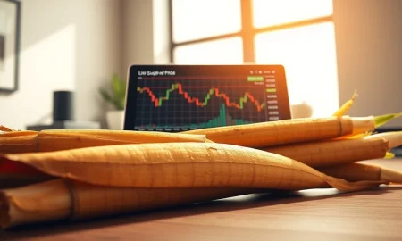 Sugar cane stalks with falling market prices reflecting the drop in sugar prices due to crude oil collapse.