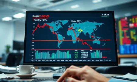 Sugar and crude oil price charts plunge on trading desk monitor, March 2026 market analysis.