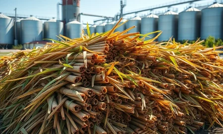 Sugar cane harvest at processing facility as global sugar prices fall from recent highs