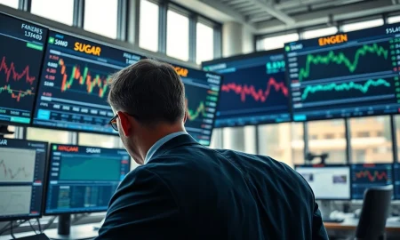 A trader monitors sugar and energy commodity futures on a financial trading floor.