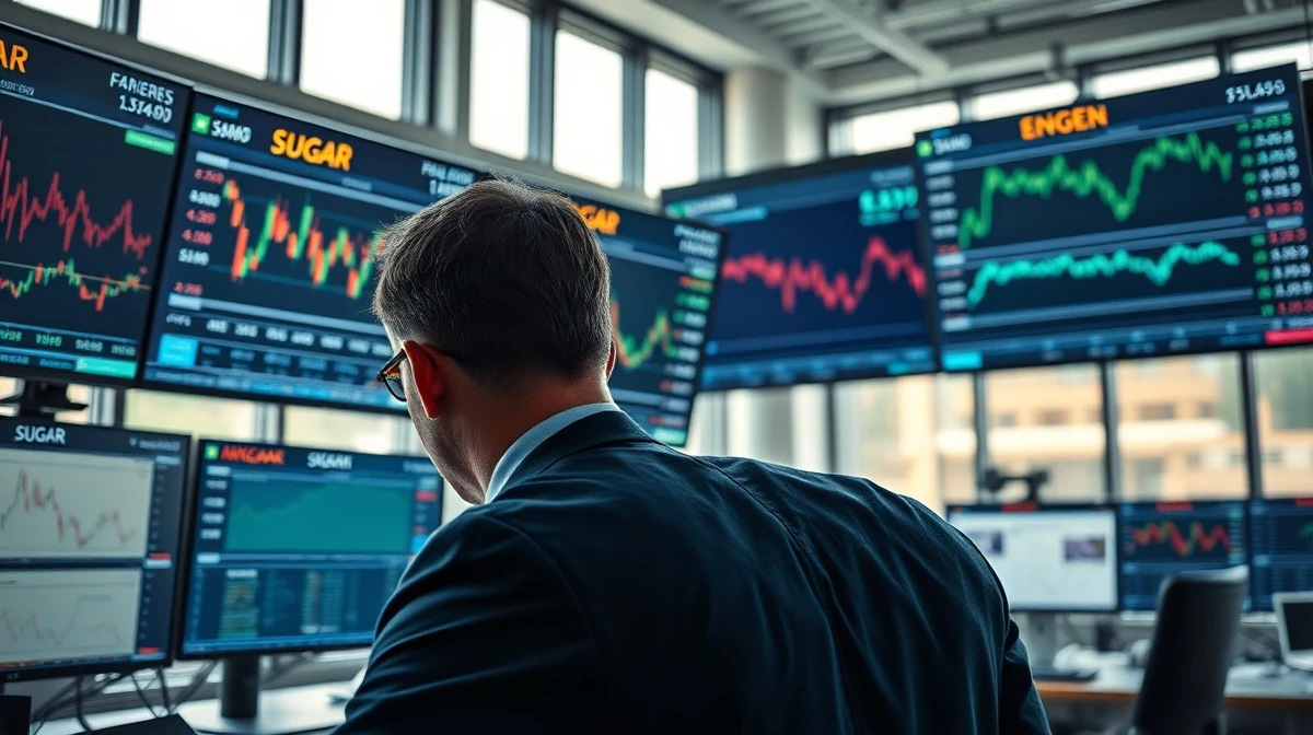 A trader monitors sugar and energy commodity futures on a financial trading floor.