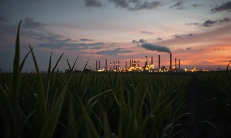 Sugar cane field with oil refinery on horizon, representing the link between sugar and crude oil prices.