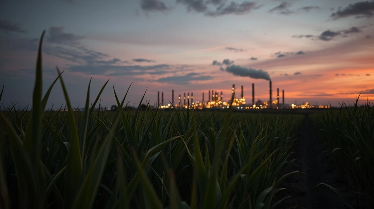 Sugar cane field with oil refinery on horizon, representing the link between sugar and crude oil prices.