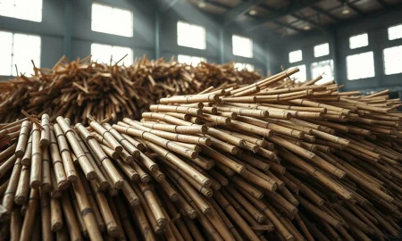 Raw sugar cane stalks in a warehouse, representing global sugar commodity markets.