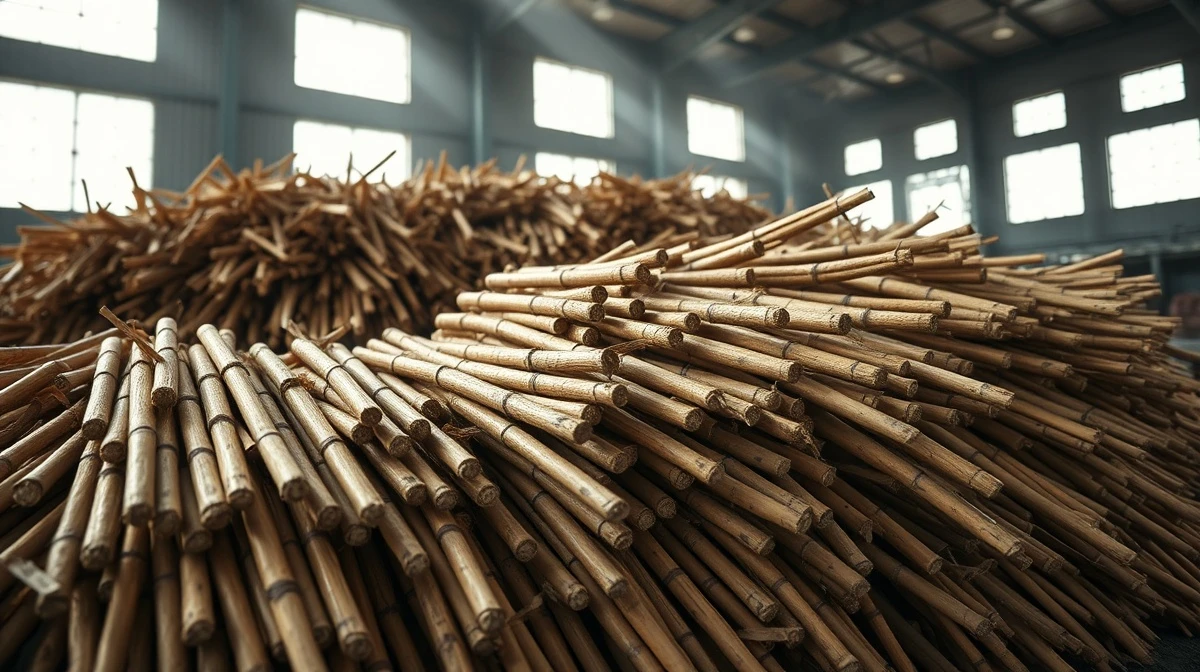 Raw sugar cane stalks in a warehouse, representing global sugar commodity markets.