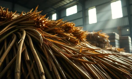 Raw sugar cane stalks in a warehouse, representing global sugar commodity markets.
