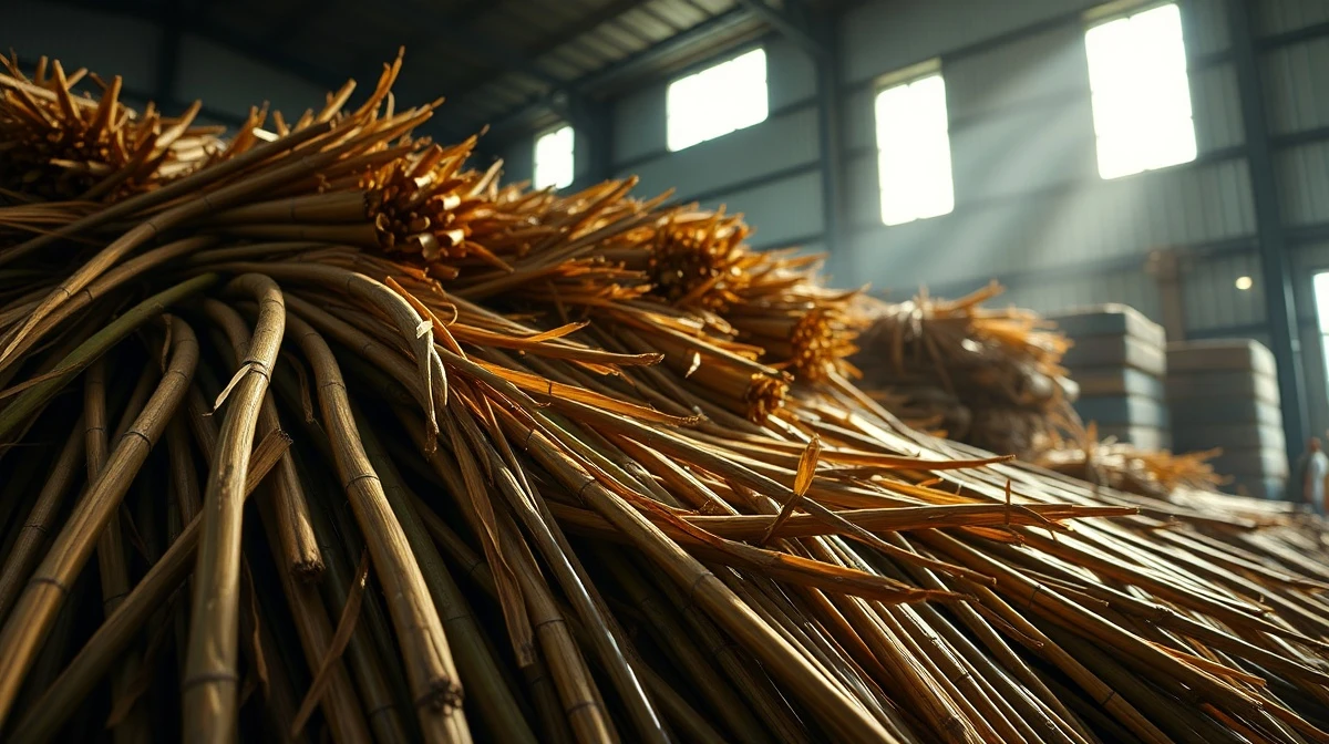 Raw sugar cane stalks in a warehouse, representing global sugar commodity markets.