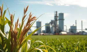 Sugar cane and ethanol refinery showing connection between agriculture and energy markets as sugar prices surge