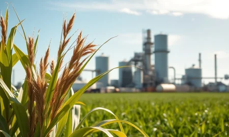 Sugar cane and ethanol refinery showing connection between agriculture and energy markets as sugar prices surge
