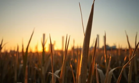 Sugar cane field with ethanol refinery illustrating the sugar-to-ethanol production shift impacting global sugar prices.