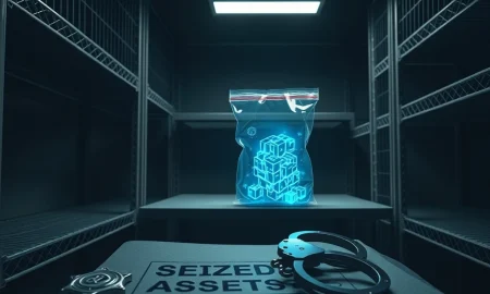 Evidence bag containing digital cryptocurrency assets in a law enforcement seizure room, representing the $46 million crypto heist case.