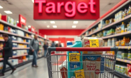 Target store aisle showing grocery items with price cut tags as inflation remains high.