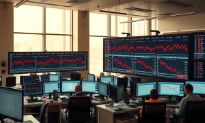 Stock market trading floor with monitors showing declining technology sector charts.