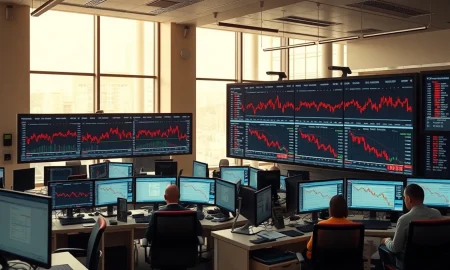 Stock market trading floor with monitors showing declining technology sector charts.