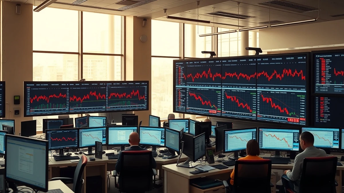 Stock market trading floor with monitors showing declining technology sector charts.