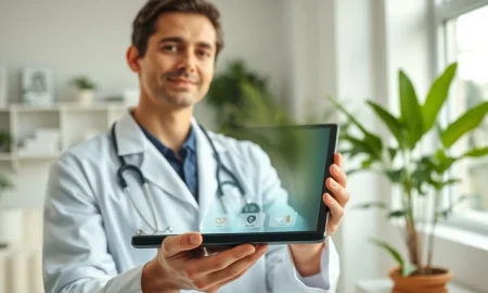 Healthcare professional using a tablet for a Teladoc telehealth consultation, representing the company's core service and recent stock surge.