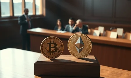 Tether and Bitfinex class action lawsuit over alleged Bitcoin and Ethereum price manipulation depicted in a courtroom scene.