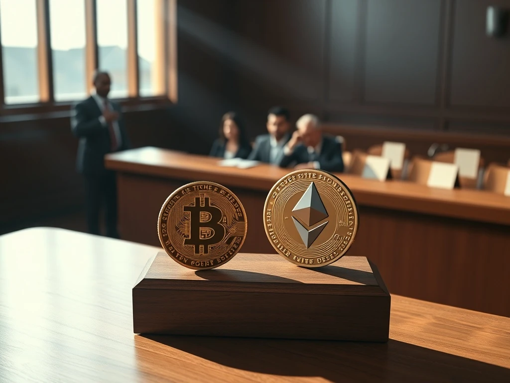 Tether and Bitfinex class action lawsuit over alleged Bitcoin and Ethereum price manipulation depicted in a courtroom scene.