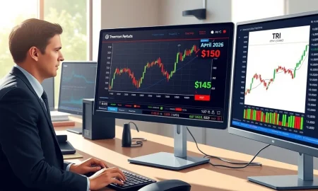Financial analyst monitoring Thomson Reuters stock options volatility on trading desk monitors