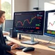 Financial analyst monitoring Thomson Reuters stock options volatility on trading desk monitors