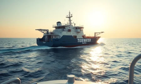 Tidewater Inc offshore supply vessel at sea, representing the company whose stock has surpassed analyst targets.