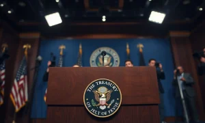 US Treasury Secretary Bessent's podium with seal at a press briefing on economic strategy.