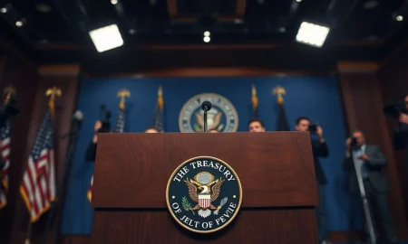 US Treasury Secretary Bessent's podium with seal at a press briefing on economic strategy.