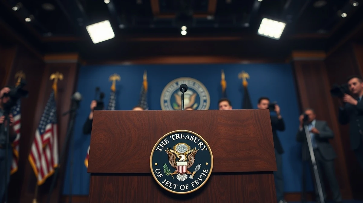 US Treasury Secretary Bessent's podium with seal at a press briefing on economic strategy.