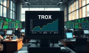 TROX stock ticker showing price crossing analyst target on trading terminal in financial market setting.