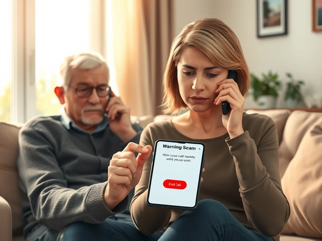 Truecaller family protection feature showing remote call termination for elderly relative during potential scam