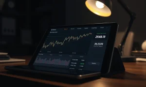A tablet showing a Bitcoin chart and the American Bitcoin fund's holdings of 7,000 BTC.