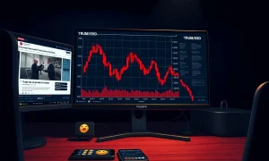 TRUMP Coin crashing shown on a trading desk chart with a steep red downward candlestick on March 15, 2026.