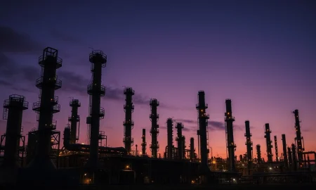 Aerial view of an oil refinery in California under twilight sky.