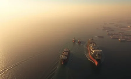 Aerial view of the Strait of Hormuz, a critical global oil shipping lane.