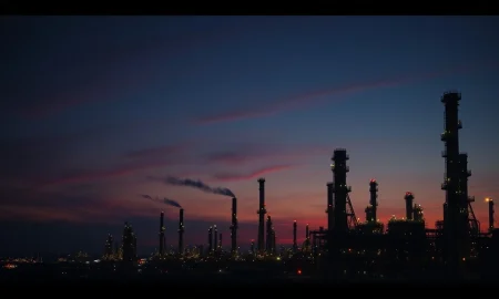 Oil refinery at dusk representing Trump's comments on Iranian oil policy.