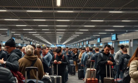 A long line of passengers waiting at a TSA security checkpoint in an airport.