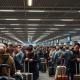A long line of passengers waiting at a TSA security checkpoint in an airport.