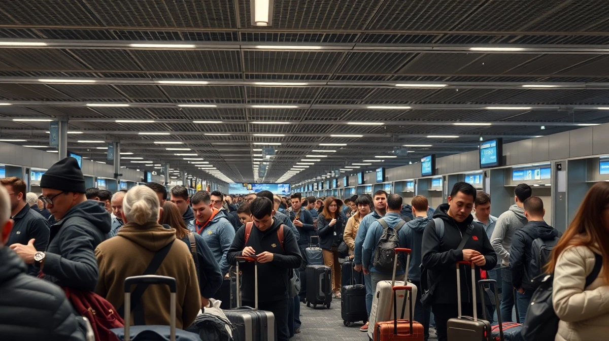 A long line of passengers waiting at a TSA security checkpoint in an airport.