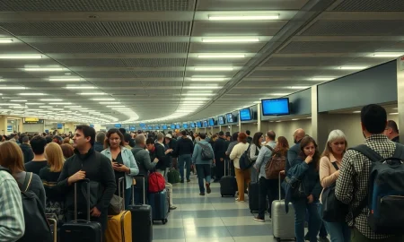 Long security checkpoint line at a US airport during spring break travel season.