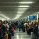 Long security checkpoint line at a US airport during spring break travel season.