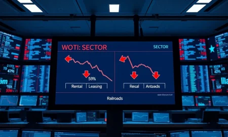 Stock market data visualization showing Tuesday's sector laggards: rental, leasing, royalty, and railroad stocks in decline.