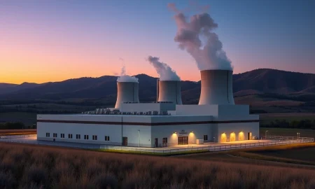 Modern small modular nuclear reactor facility in Tennessee landscape representing TVA's 6-gigawatt program with NuScale Power