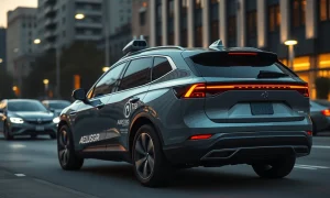 Autonomous electric SUV representing the Uber and Rivian robotaxi partnership on a city street.