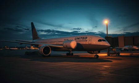 A United Airlines plane parked at a gate as flight schedules are reduced.